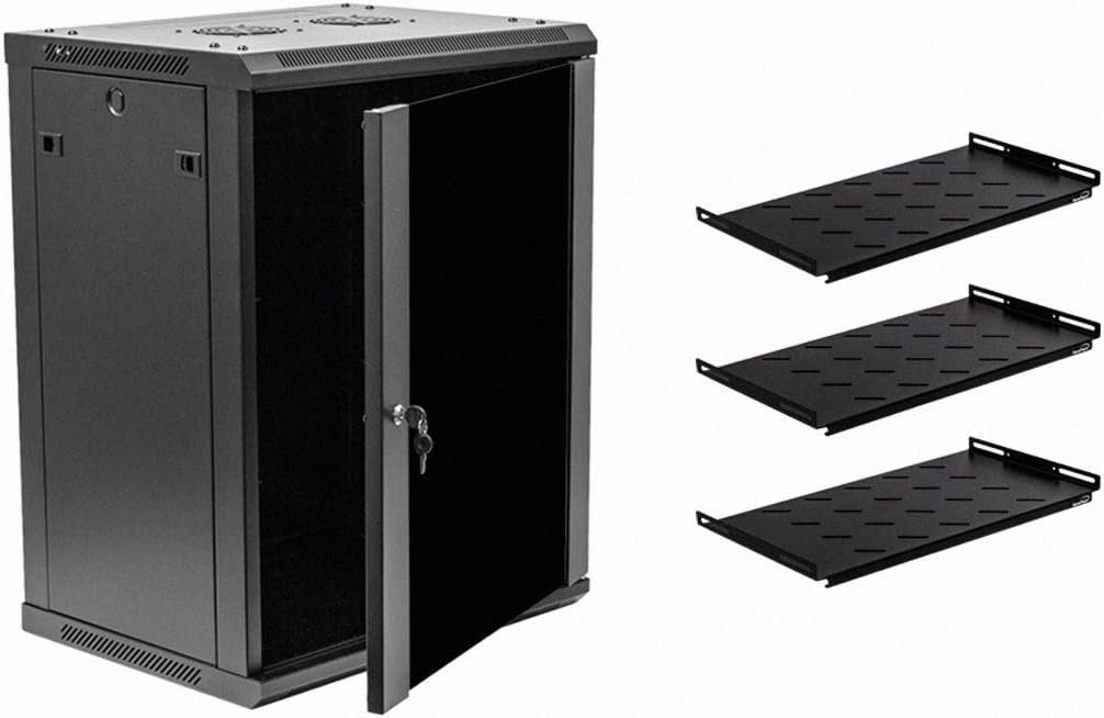 15U Wallmount Cabinet Enclosure 19-Inch Server Network Rack with Locking Glass Door Black with Shelves P345594