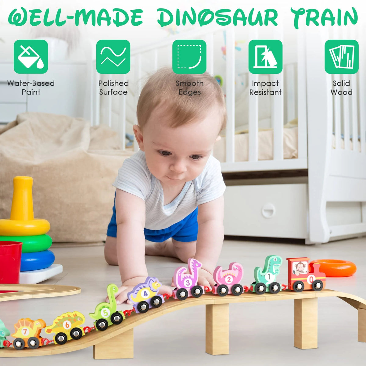 Wooden Dinosaur Train Car with Numbers, 11 Pieces Educational Montessori Toys R1452