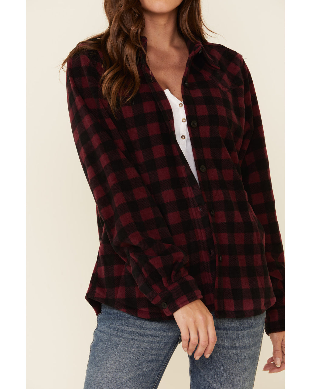 Plaid Print Long Sleeve Fleece Shacket Wine 3X J9063