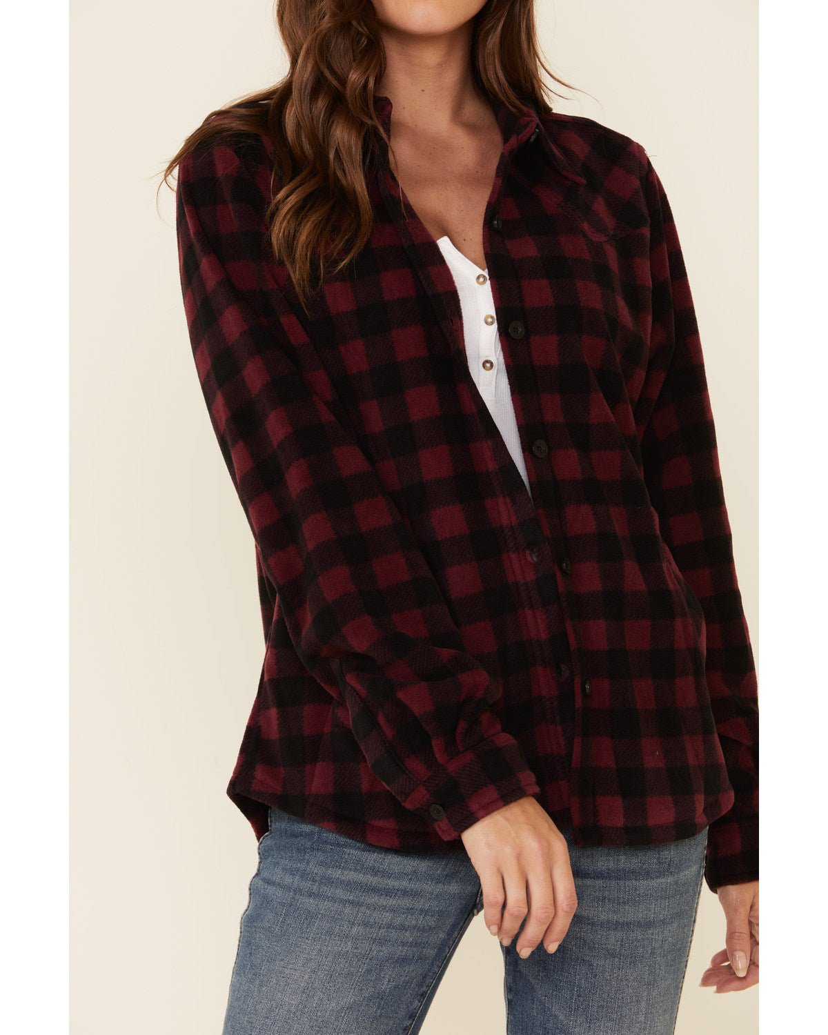 Plaid Print Long Sleeve Fleece Shacket Wine 3X J9063