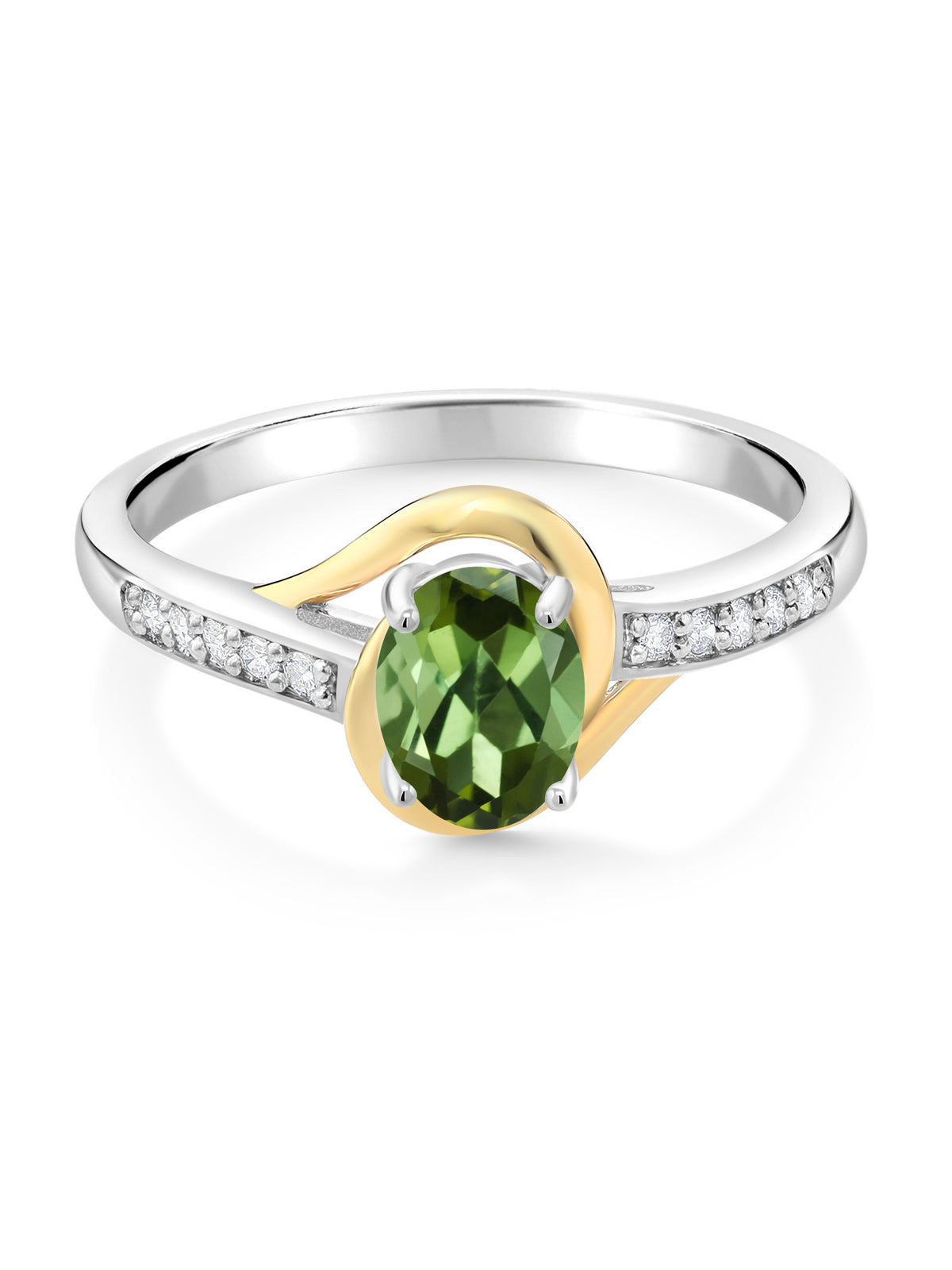 10K Yellow Gold and 925 Sterling Silver Green Tourmaline and White Lab Grown Diamond Engagement Ring D506