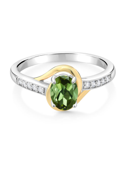 10K Yellow Gold and 925 Sterling Silver Green Tourmaline and White Lab Grown Diamond Engagement Ring D506