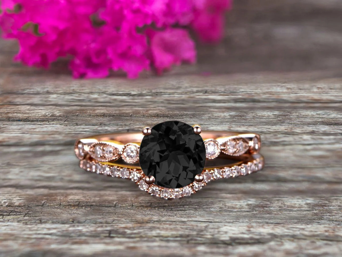 2 Carat Black Diamond Moissanite 10k Rose Gold Wedding Set Ring V1643