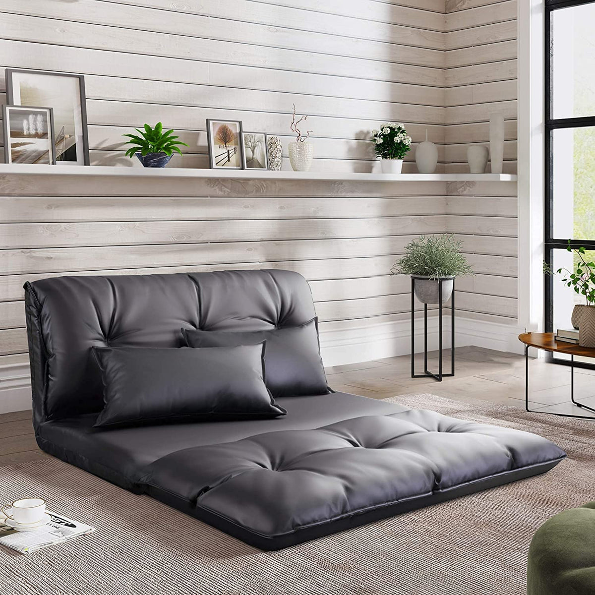 Adjustable Floor Sofa Bed with 2 Pillows, 5 Reclining Position, Black F325278