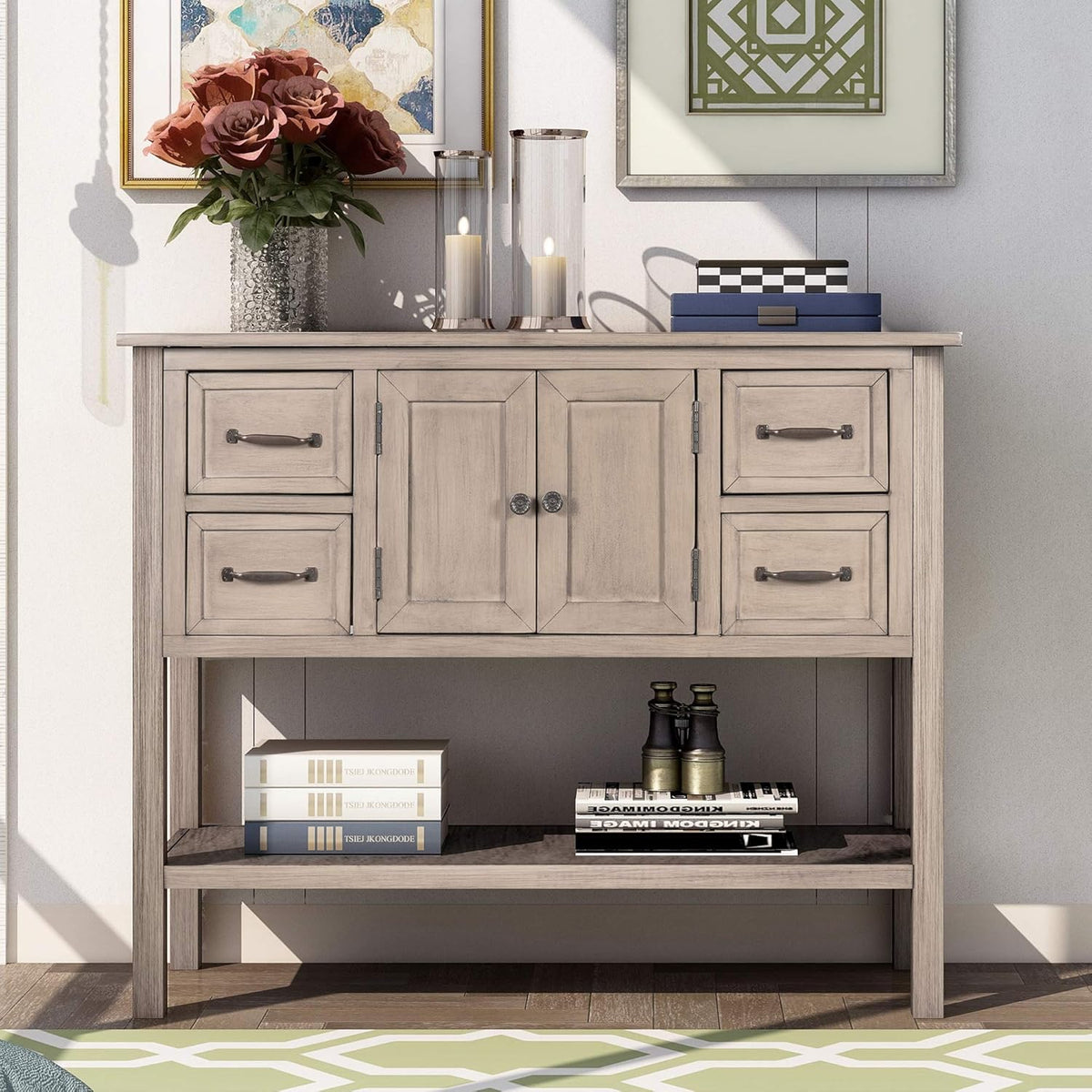 Solid Wood Console Table with 2 Drawers and 1 Cabinet V751