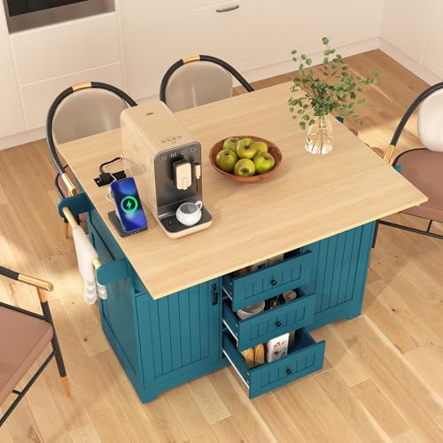 Rolling Kitchen Island on 5 Wheels with 2 Drop Leaf, Power Outlet and 3 Drawers, Green T793014