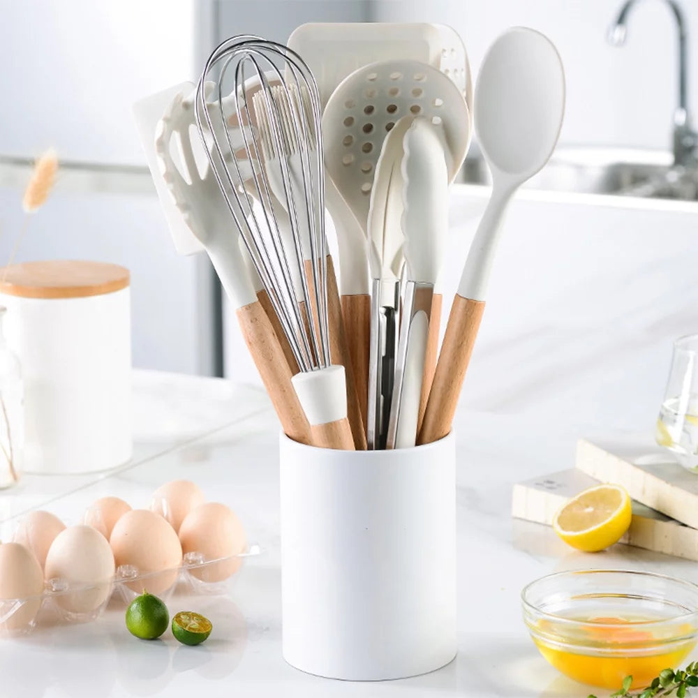 10 PCS Silicone Utensil Set Wooden Handle F9723