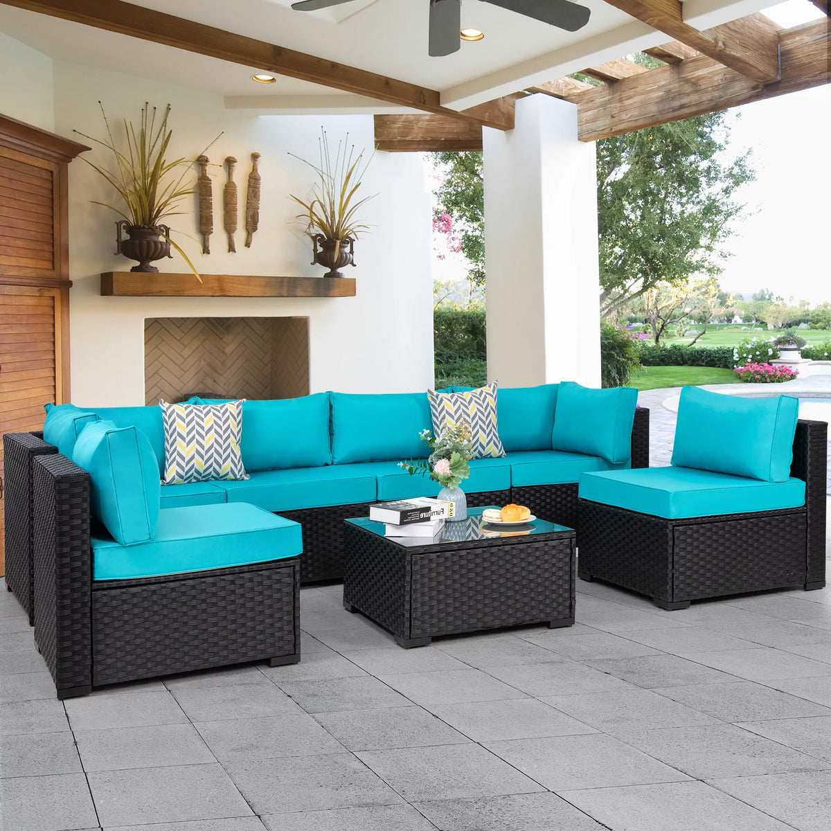 7 Pieces Black Wicker Outdoor Sectional Sofa Set O672233