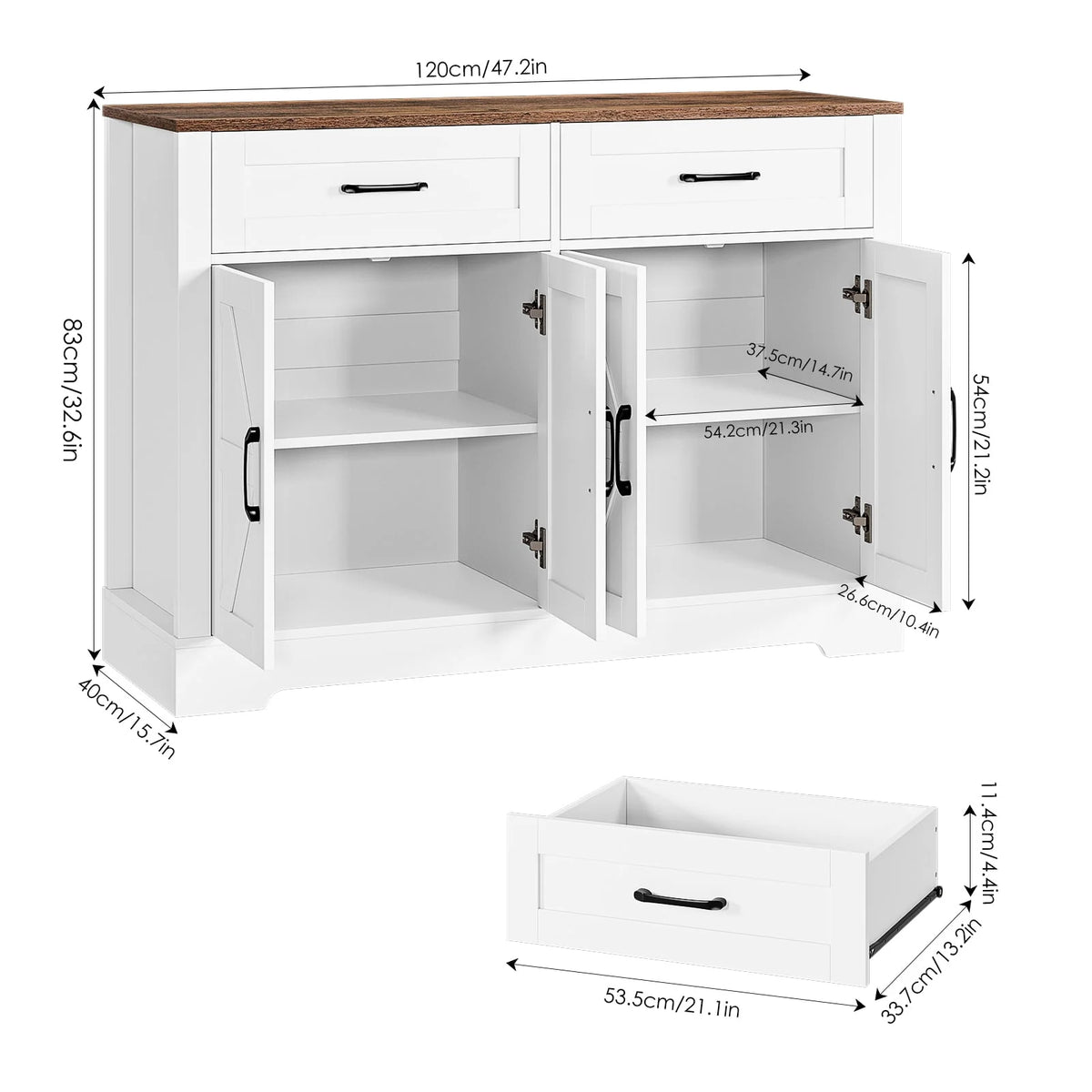 White Wood Buffet Sideboard with 2 Drawers and 4 Doors P406