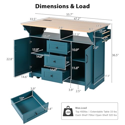 Rolling Kitchen Island on 5 Wheels with 2 Drop Leaf, Power Outlet and 3 Drawers, Green T793014