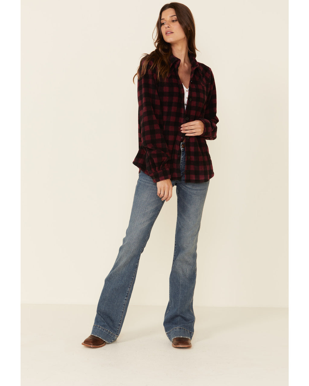 Plaid Print Long Sleeve Fleece Shacket Wine 3X J9063