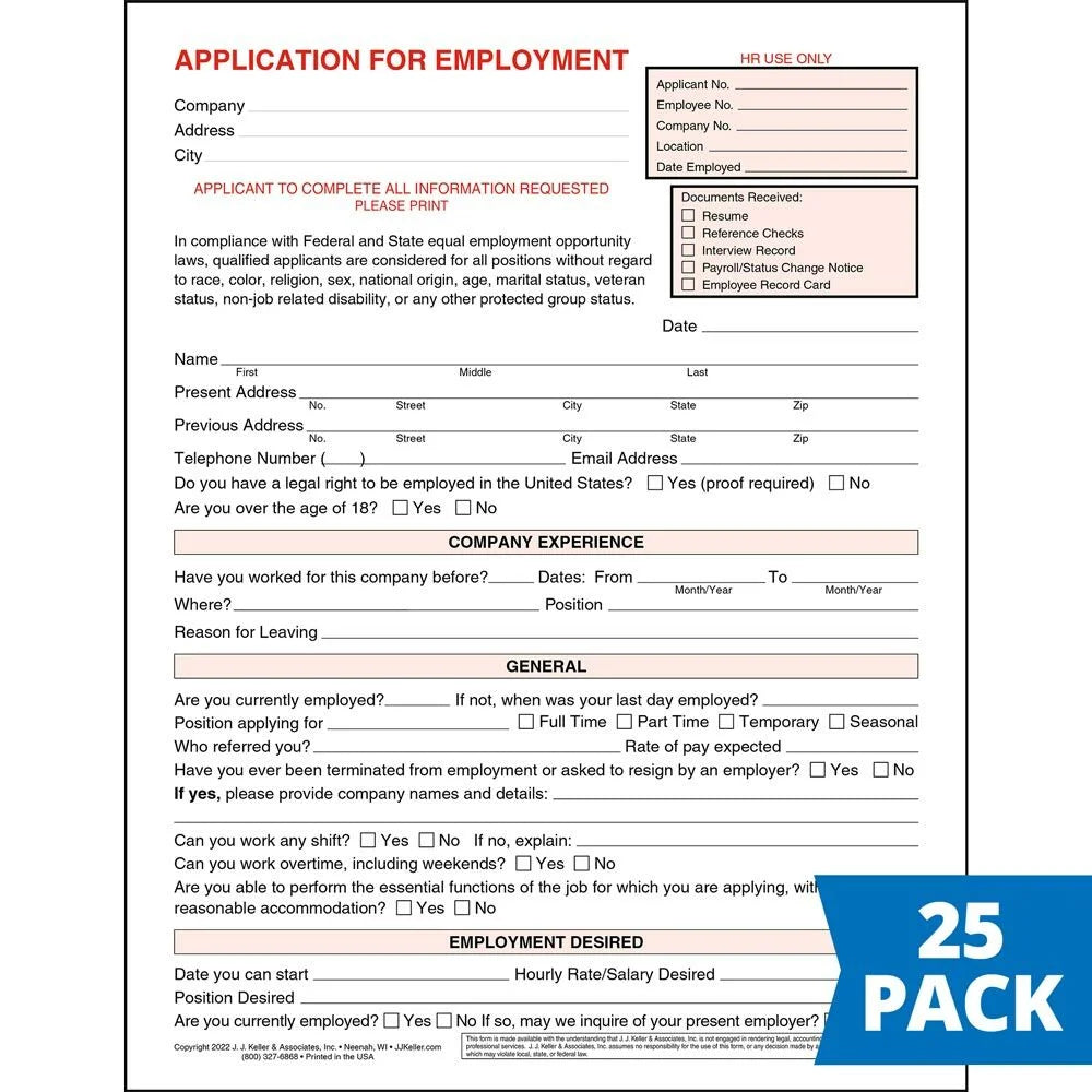 Application for Employment Form 8.5 x 11 25 Pack N792