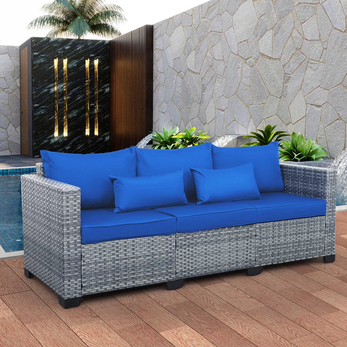 3-Seat Patio Wicker Rattan Sofa with Cushions, Gray W66611