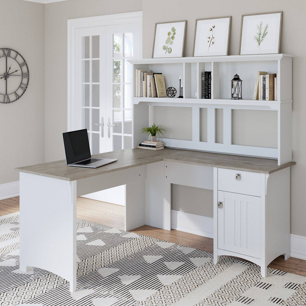 Pure White and Shiplap Gray L Shaped Desk with Hutch A744566
