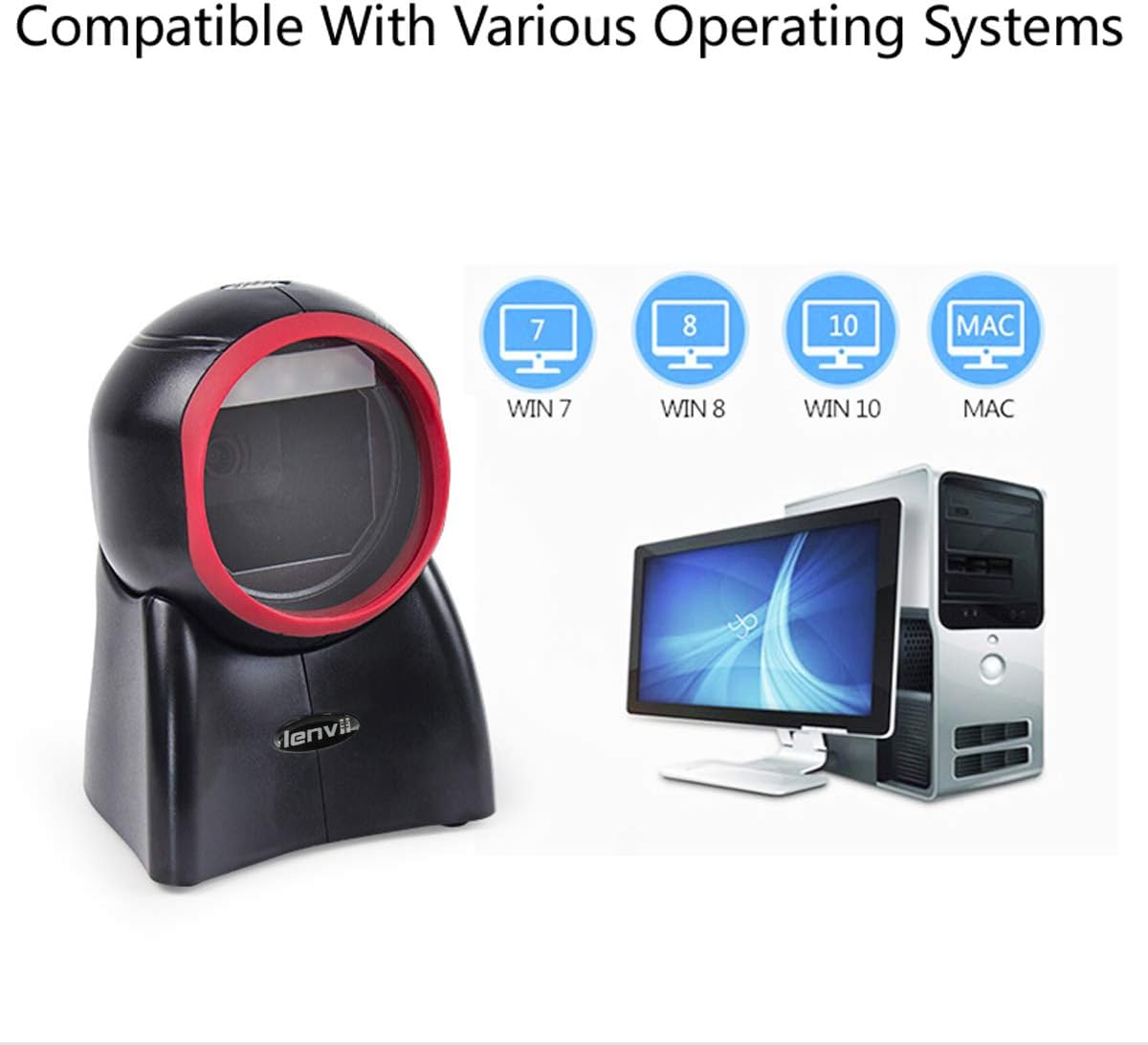 2D Barcode Scanner Desktop USB Wired Omni-Directional Hands-Free Automatic Barcode Reader Support 1D and QR-Code for Screen Scanning POS System L940614