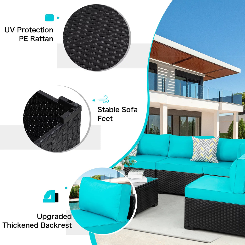 7 Pieces Black Wicker Outdoor Sectional Sofa Set O672233