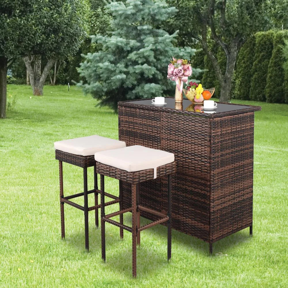 3PCS Patio Rattan Wicker Bar Table Stools Dining Set Brown G3901