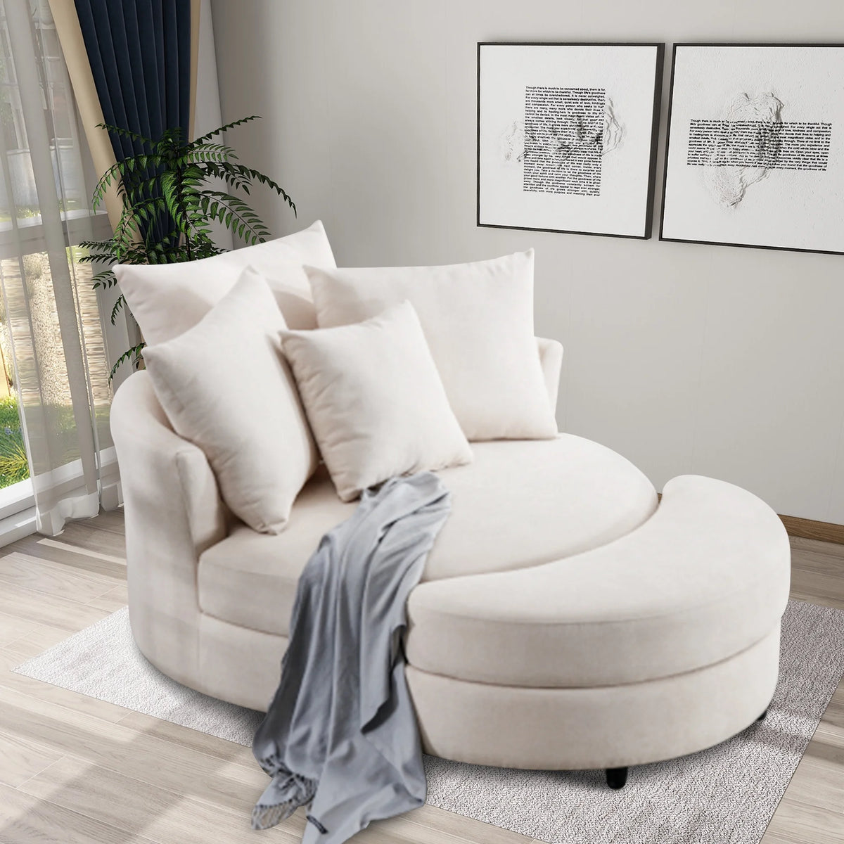 Upholstered Swivel Accent Barrel Chair and Storage Bench with 4 Pillows R8606