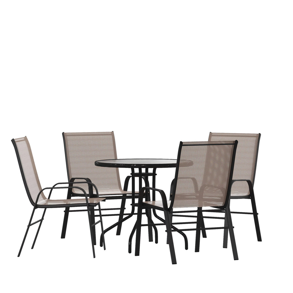 5 Piece Outdoor Patio Dining Set with 4 Brown Stack Chairs L96997