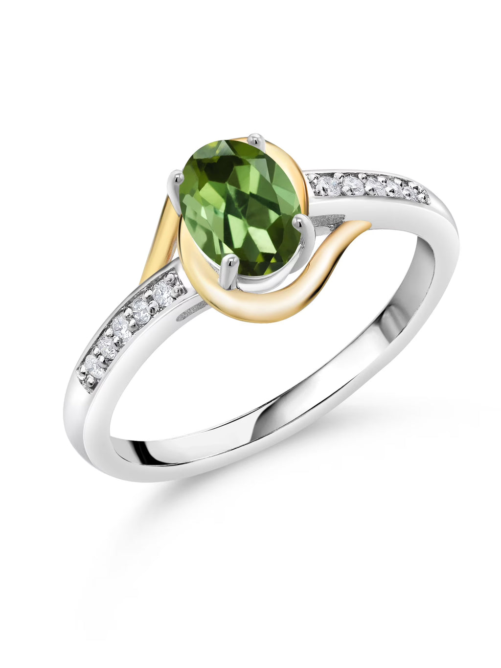 10K Yellow Gold and 925 Sterling Silver Green Tourmaline and White Lab Grown Diamond Engagement Ring D506