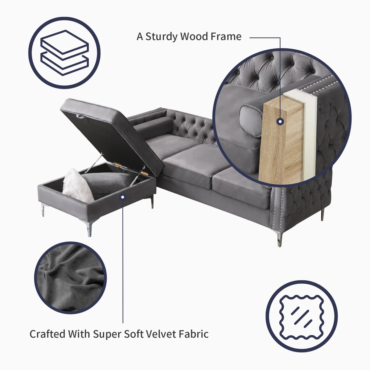 Velvet L-Shaped Sectional Sofa with Storage Ottoman J116