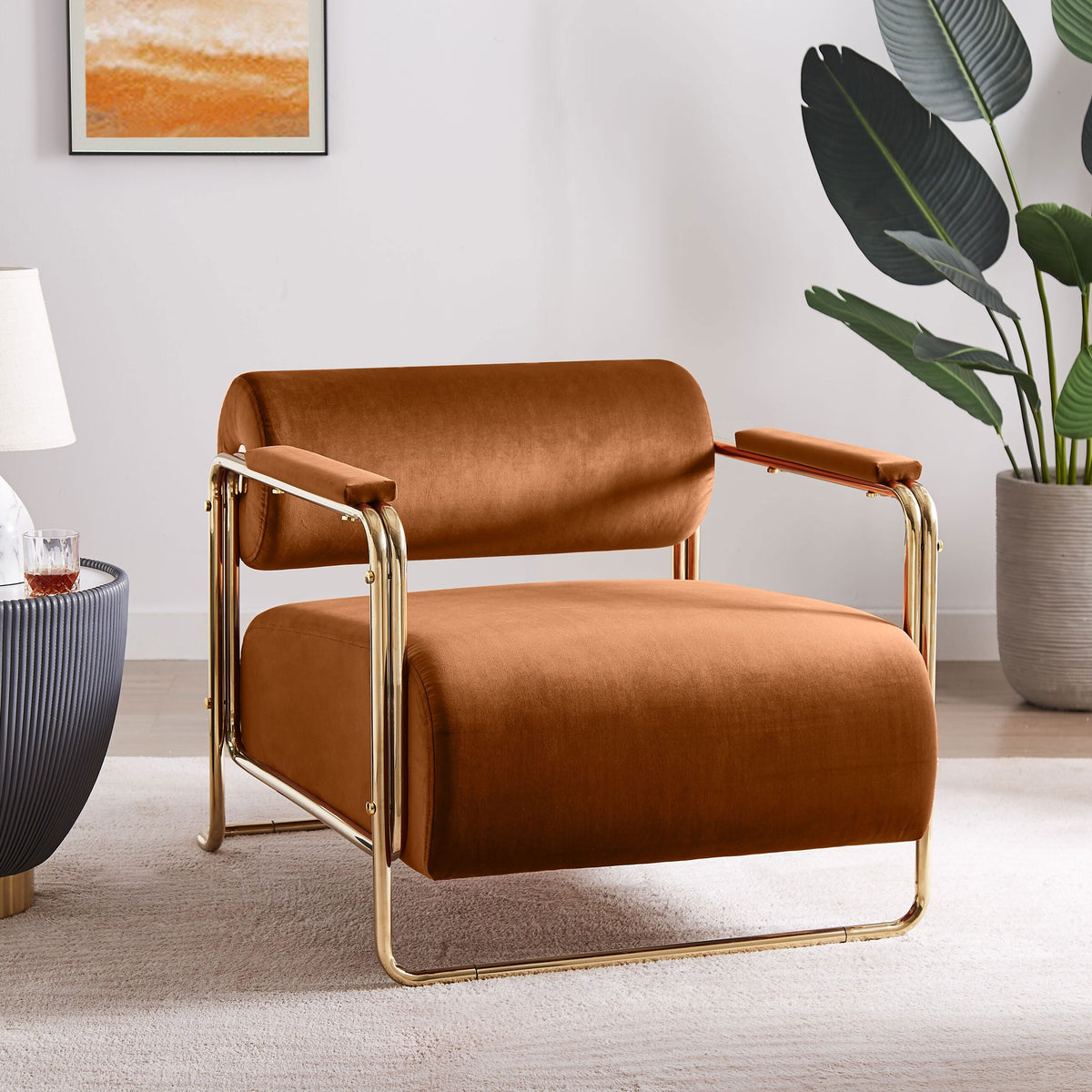 Olive Green Velvet Armchair with Gold Frame R244958