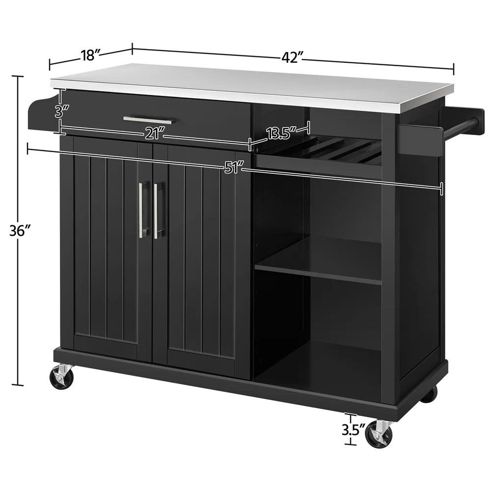 Rolling Storage Kitchen Cart Cabinet with Steel Top, Black B252415