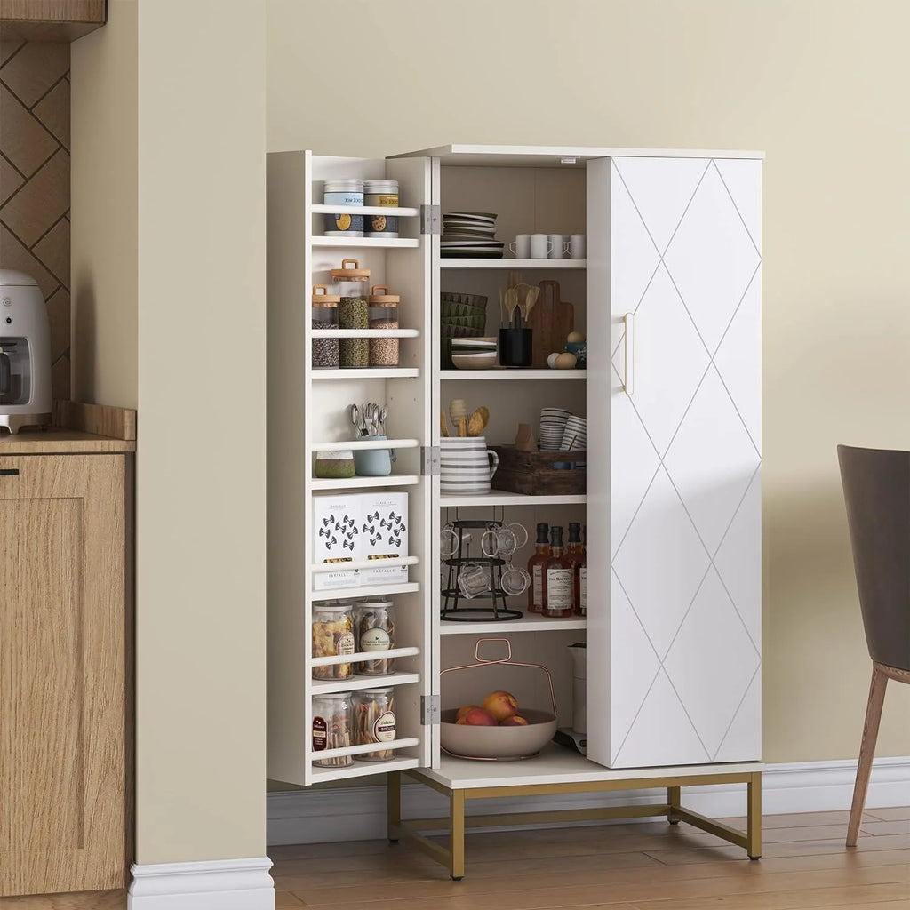 White Freestanding Kitchen Pantry Storage Cabinet with Adjustable Shelves Q190485