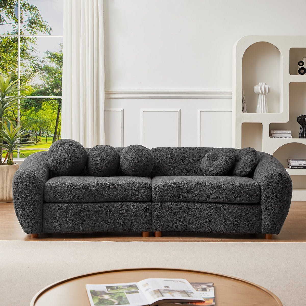 87.7" Gray Teddy Upholstered 3 Seater Sofa with 5 Pillows K188717