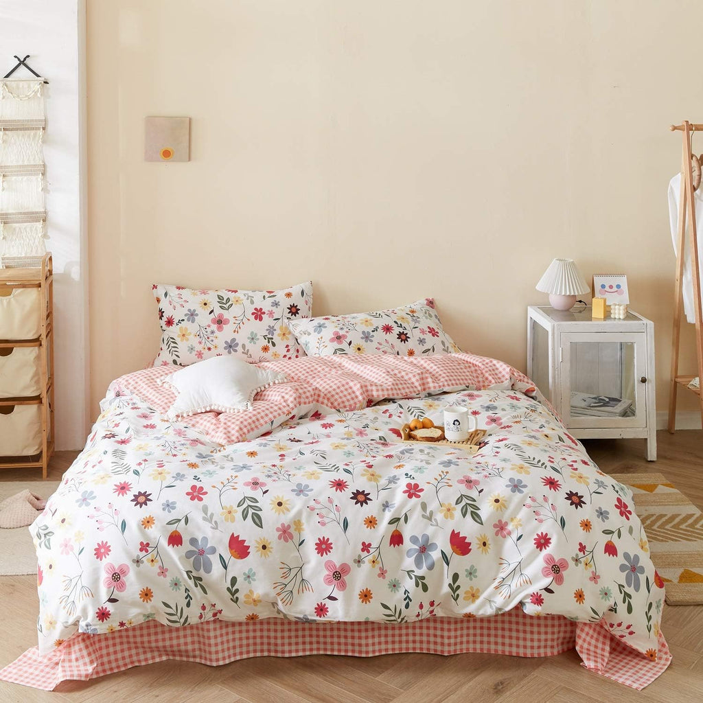 Red Floral 100% Cotton Kids Twin Duvet Cover Set with Zipper V55532