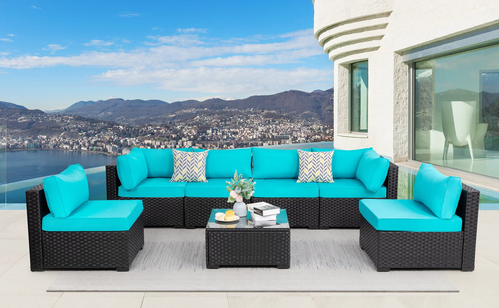 7 Pieces Black Wicker Outdoor Sectional Sofa Set O672233