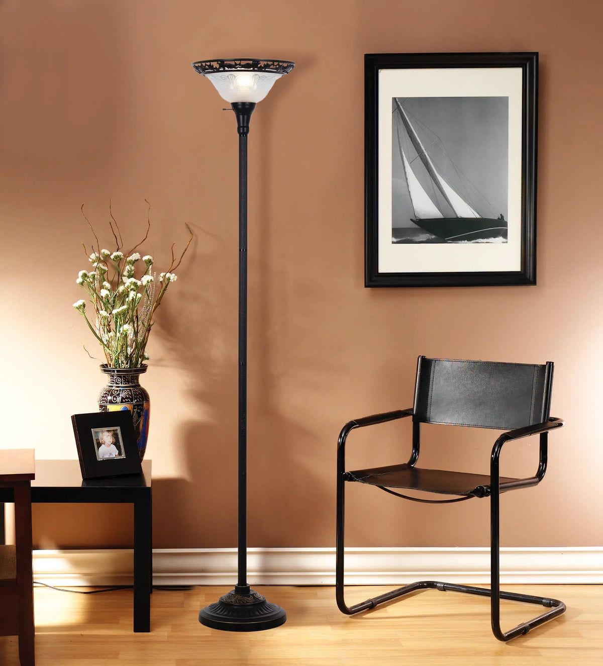 Bronze Victorian Floor Lamp with Etched Glass Shade F1659