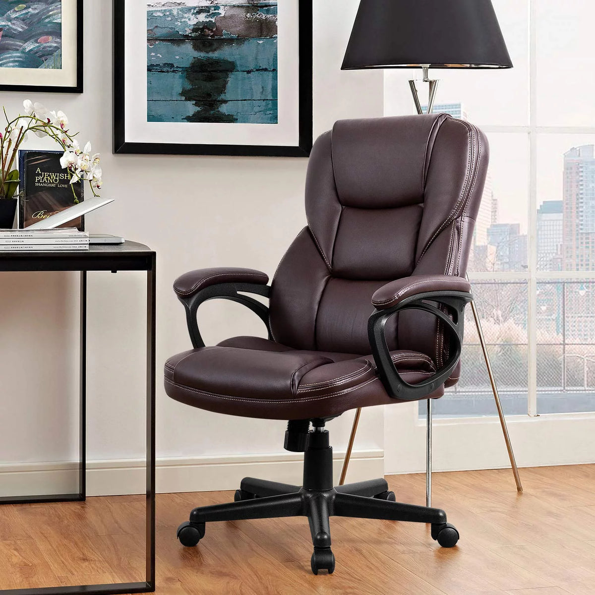 Black Faux Leather High-Back Executive Office Chair with Lumbar Support P869
