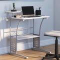 White Computer Desk with Monitor Platform and Storage Shelf L622