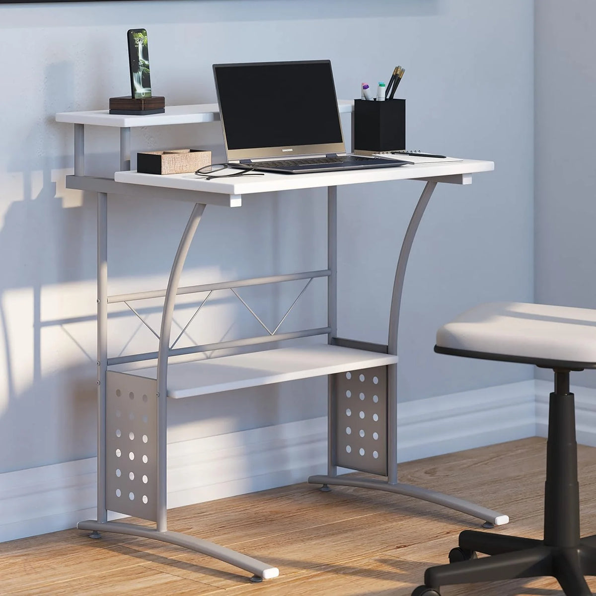 White Computer Desk with Monitor Platform and Storage Shelf L622
