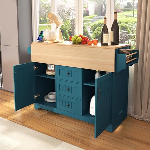 Rolling Kitchen Island on 5 Wheels with 2 Drop Leaf, Power Outlet and 3 Drawers, Green T793014