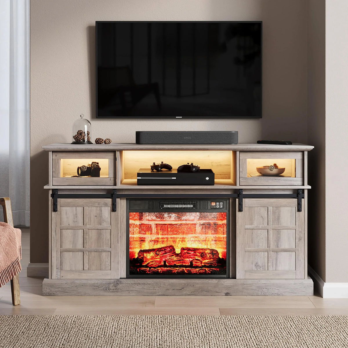 Gray Fireplace TV Stand with Electric Fireplace and Storage Cabinet R710449