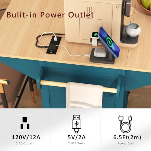 Rolling Kitchen Island on 5 Wheels with 2 Drop Leaf, Power Outlet and 3 Drawers, Green T793014