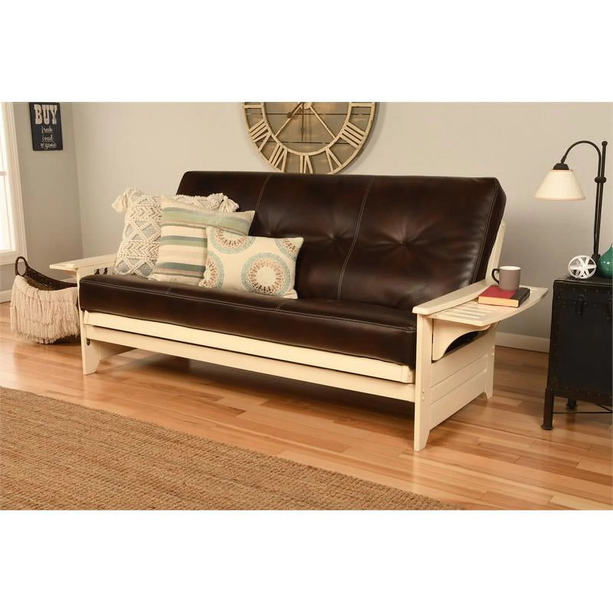 Antique White Futon with Brown Faux Leather Mattress V554076