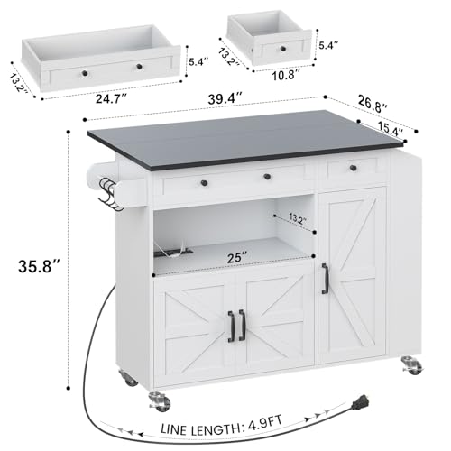 Rolling Kitchen Island with Drop Leaf, Power Outlet, Storage Cabinet and Drawer B75911