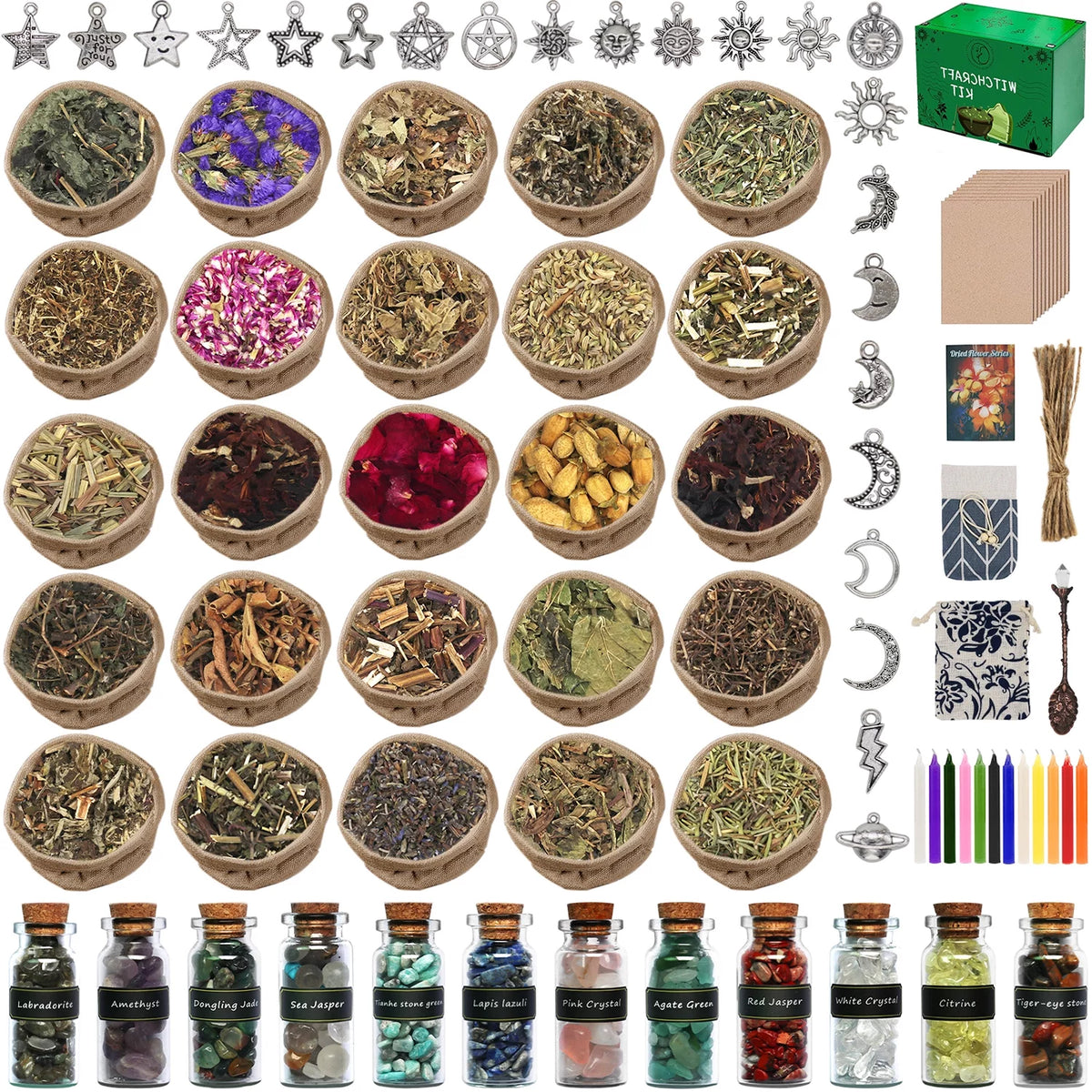 110 Pcs Witchcraft Supplies Kit with Crystal Jars Dried Herbs Colored Candles P24479