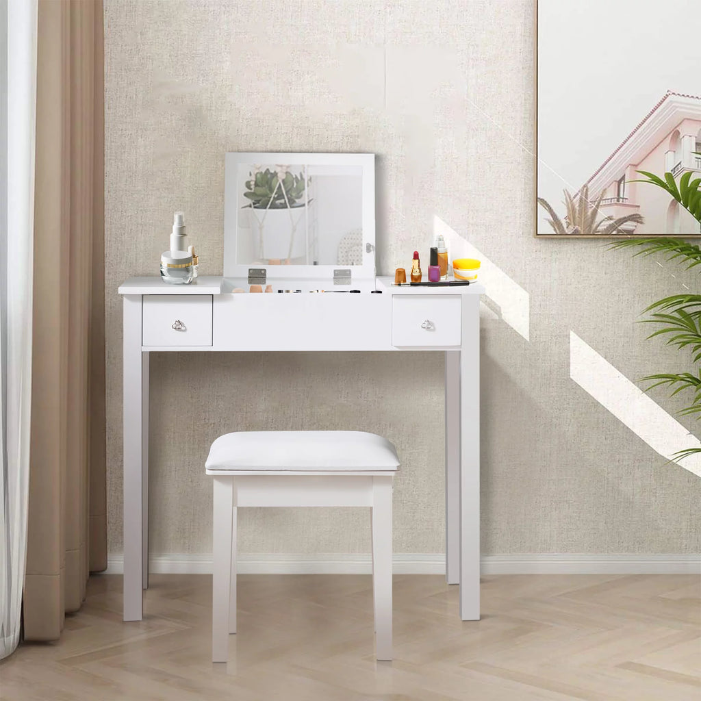 White Vanity Table with Flip-Top Mirror and 2 Drawers E755