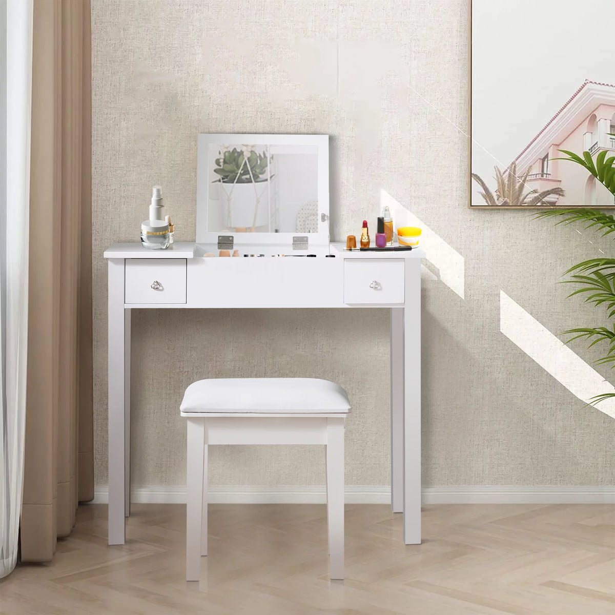 White Vanity Table with Flip-Top Mirror and 2 Drawers E755