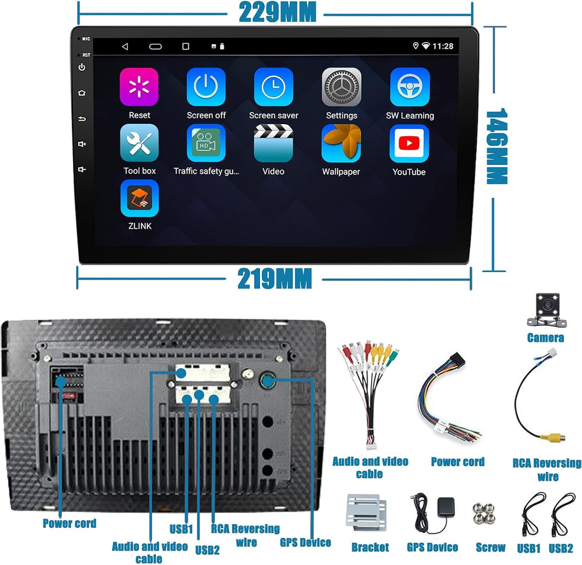 9 inch Double Din Car Stereo with Wireless Carplay Android Auto Backup Camera Touchscreen Q8913