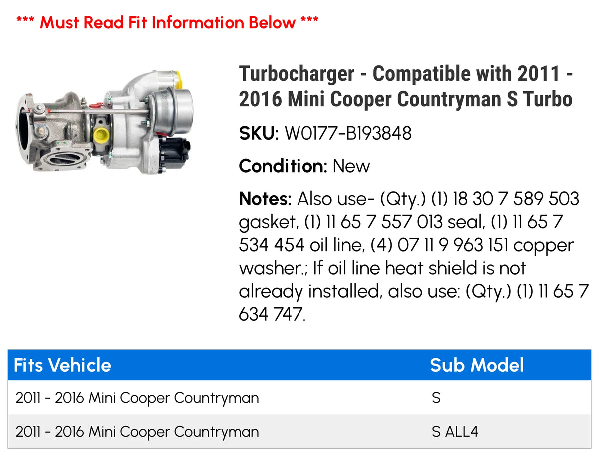 Turbocharger for 2011-2016 Mini Cooper Countryman S X27575