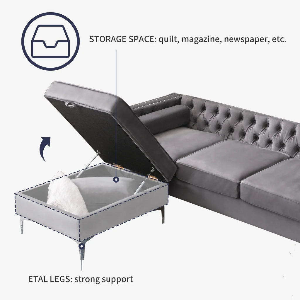 Velvet L-Shaped Sectional Sofa with Storage Ottoman J116