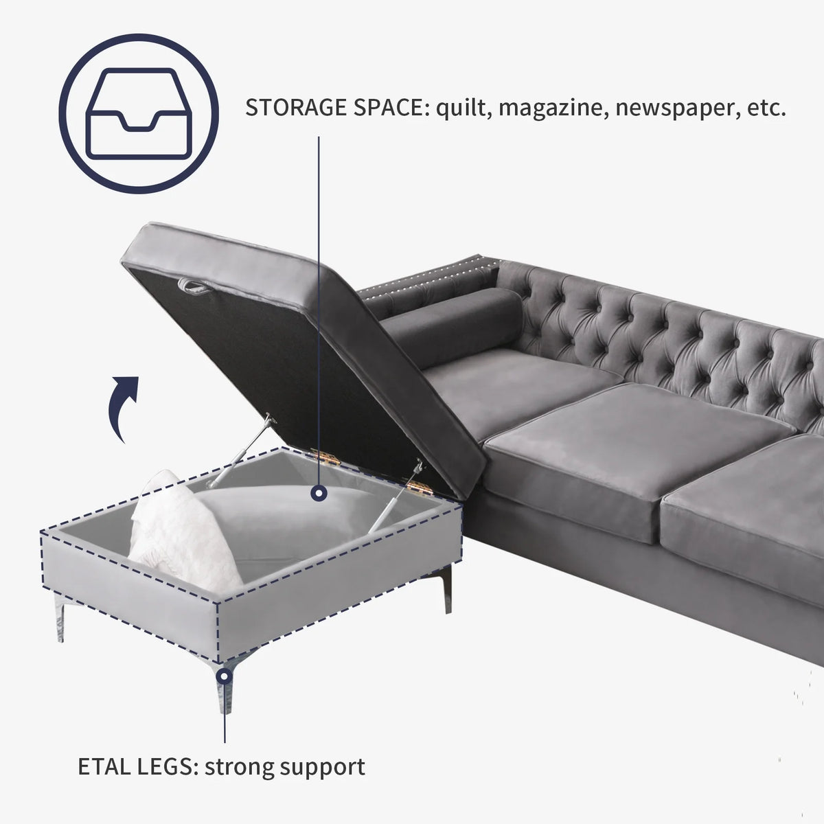 Velvet L-Shaped Sectional Sofa with Storage Ottoman J116
