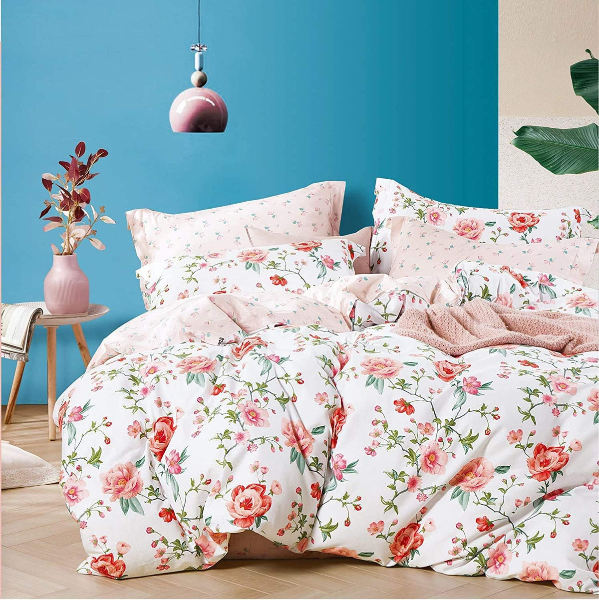 Red Floral 100% Cotton Kids Twin Duvet Cover Set with Zipper V55532