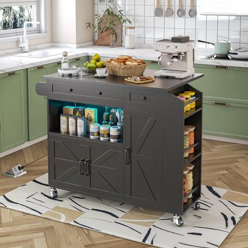 Rolling Kitchen Island with Drop Leaf, Power Outlet, Storage Cabinet and Drawer B75911